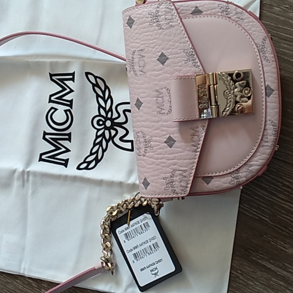 MCM Pink Logo Print Crossbody Bag with Gold Hardware